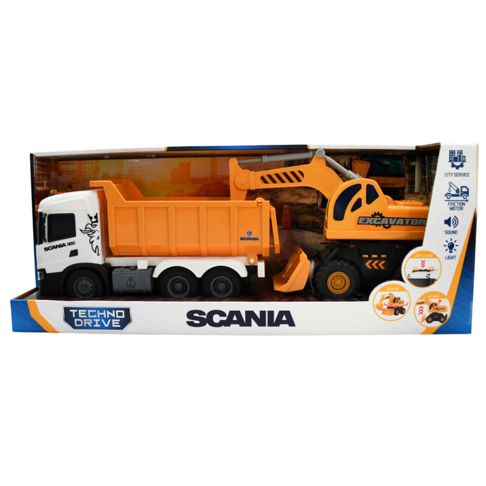 Игровой набор Самосвал Scania и экскаватор TechnoDrive 8001KS со светом и звуком опт, дропшиппинг