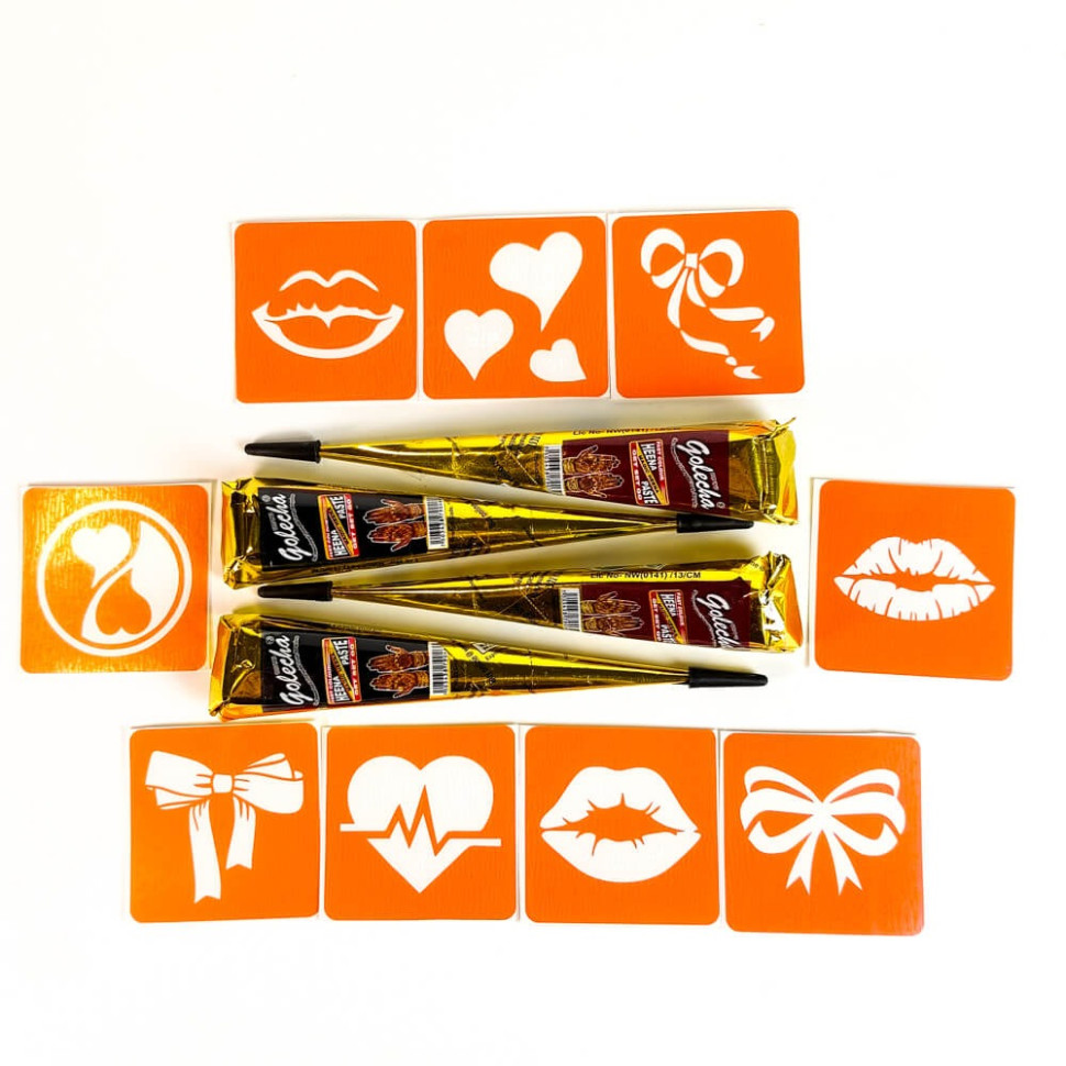 Набор хны с трафаретами для био-тату №10 henna-set-10, 9 трафаретов опт, дропшиппинг