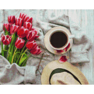 Алмазная мозаика "Чашка кофе и розовые тюльпаны" Brushme DBS1048 40х50 см