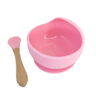 Силиконовая тарелка на присоске с деревянной ложкой MGZ-0103(Pink) 300 мл