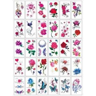 Набор временных татуировок "Цветные мини №3" color-tattoo-mini-set-3-30-E30, 30 штук, размер 9,5 х 9,5 см