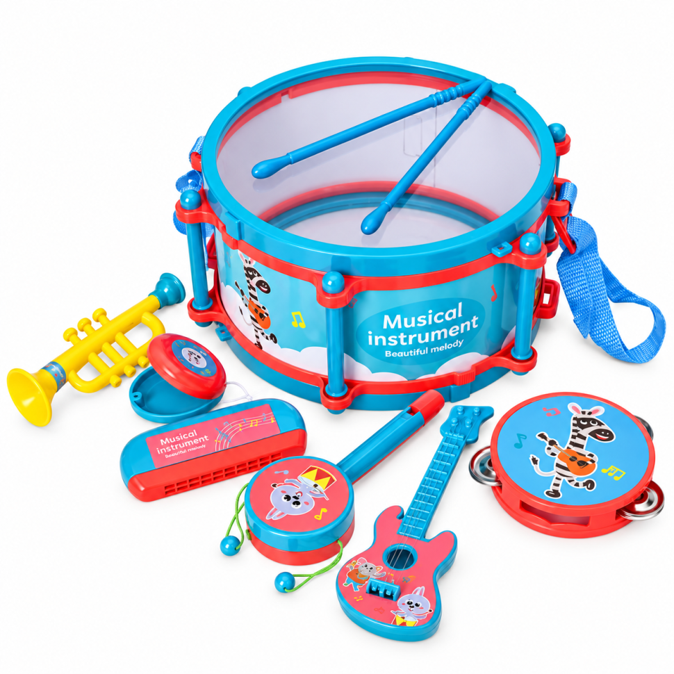Музыкальные детские инструменты 648B, барабан, бубен, губная гармошка, дудка, гитара опт, дропшиппинг