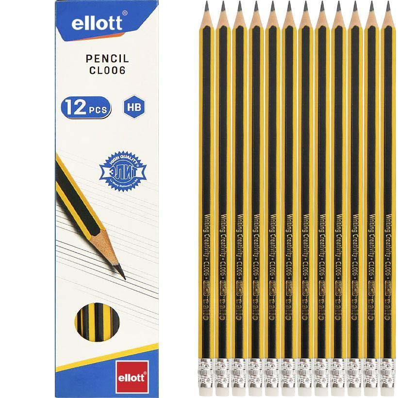 Карандаш простой с резинкой Ellott CL006-12 твердость грифеля - HB опт, дропшиппинг