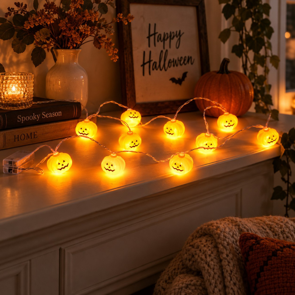 Декоративная гирлянда Тыква Halloween MK 5758 на батарейках, 160 см, тыквы 10 шт (4,5см) опт, дропшиппинг