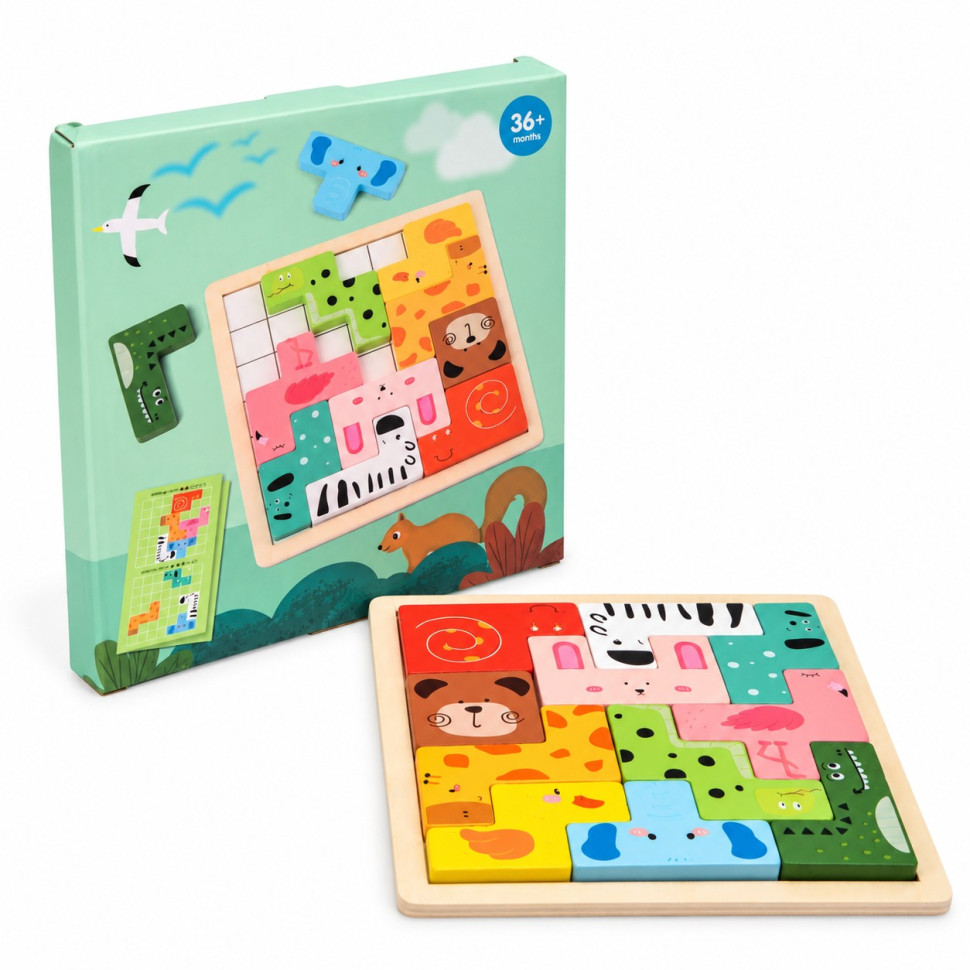 Деревянная логическая игра Animal Tetris C9405 с заданиями, 11 фигур животных опт, дропшиппинг