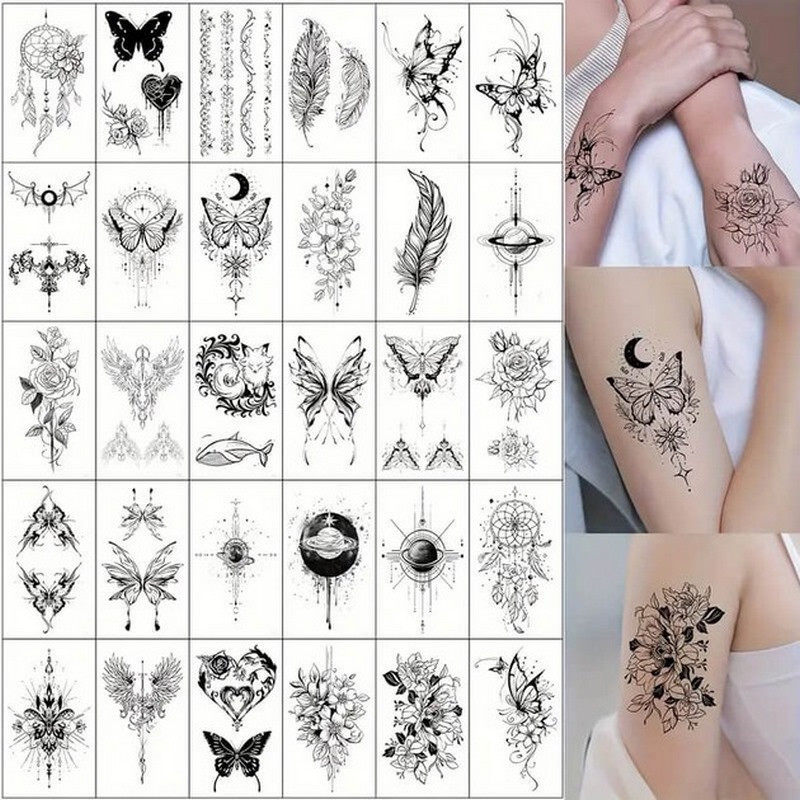 Набор временных тату «Черные мини» black-tattoo-mini-set-30 из 30 черных по 9,5 х 5,5 см опт, дропшиппинг