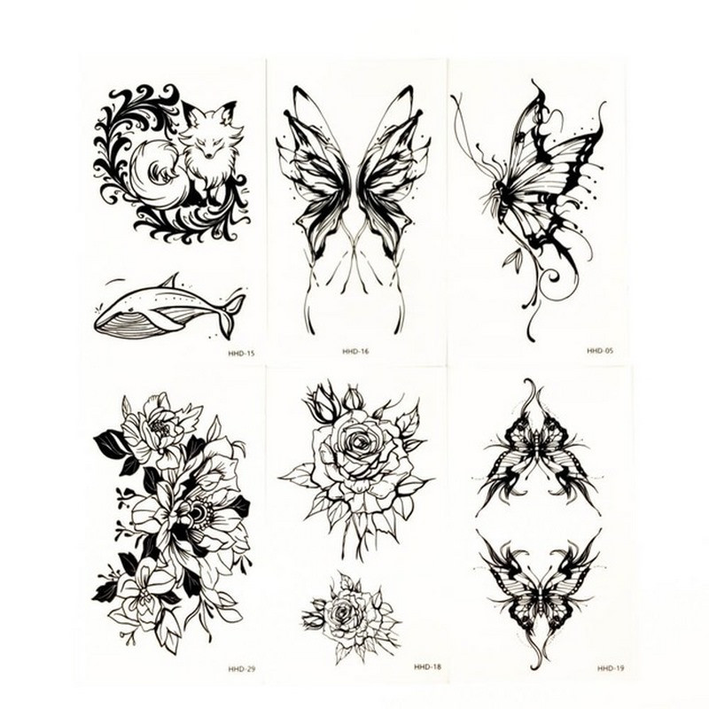 Набор временных тату «Бабочки и цветы №1» black-tattoo-mini-set-f01 из 6 черных по 9,5 х 5,5 см опт, дропшиппинг