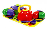 Детский игровой набор посуды с чайником, кастрюлей и подносом 70309, 23 предмета