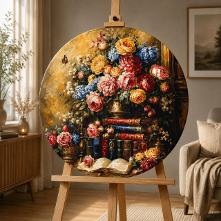 Картина по номерам "Книжная полка с розами" OR2031 диаметр 50 см