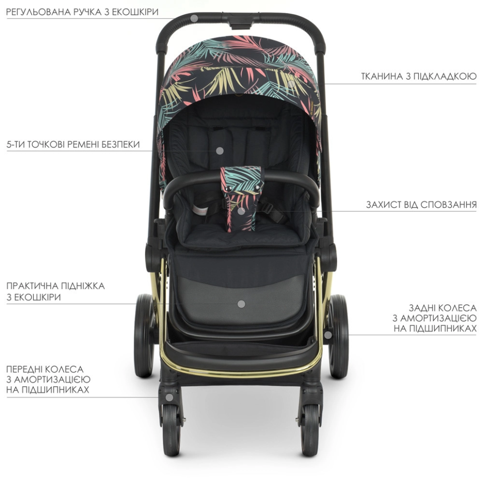 Коляска дитяча універсальна 2в1 EL CAMINO ME 1091-G PERSONA Black Pink Palm - гурт(опт), дропшиппінг 